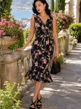 Unique Vintage Black Pink Floral Wiggle Dress XS Retro Pinup Flounce Mermaid Hem